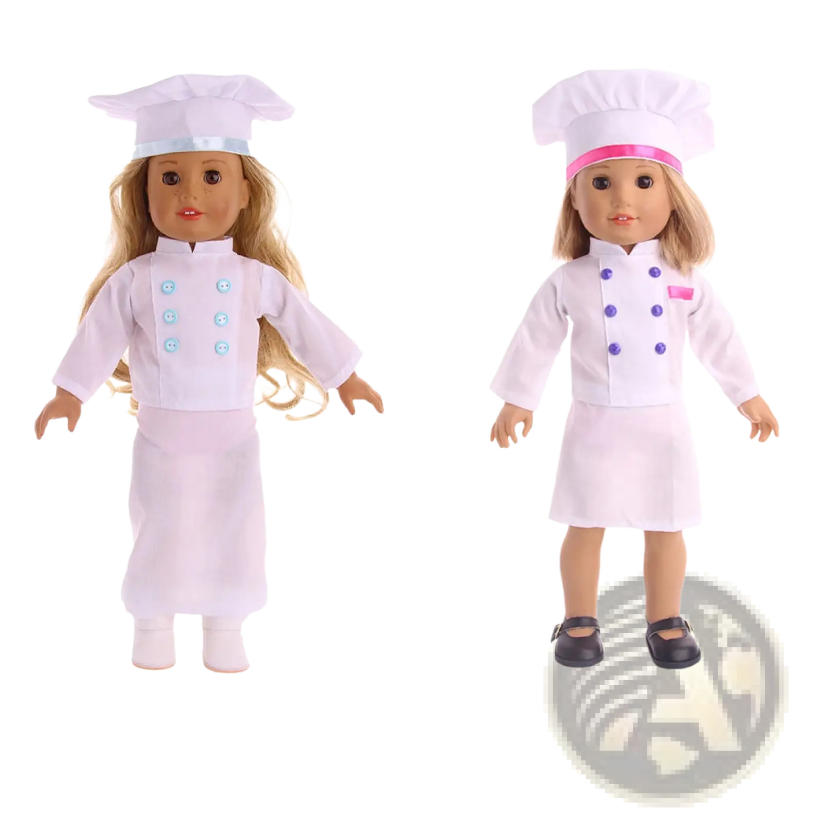 Two 18-inch american girl dolls in white chef outfits with matching hats featuring light blue and purple buttons