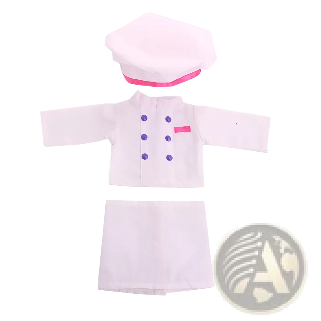 18-inch doll chef outfit with hat in white fabric featuring pink trim and purple buttons for American Girl dolls