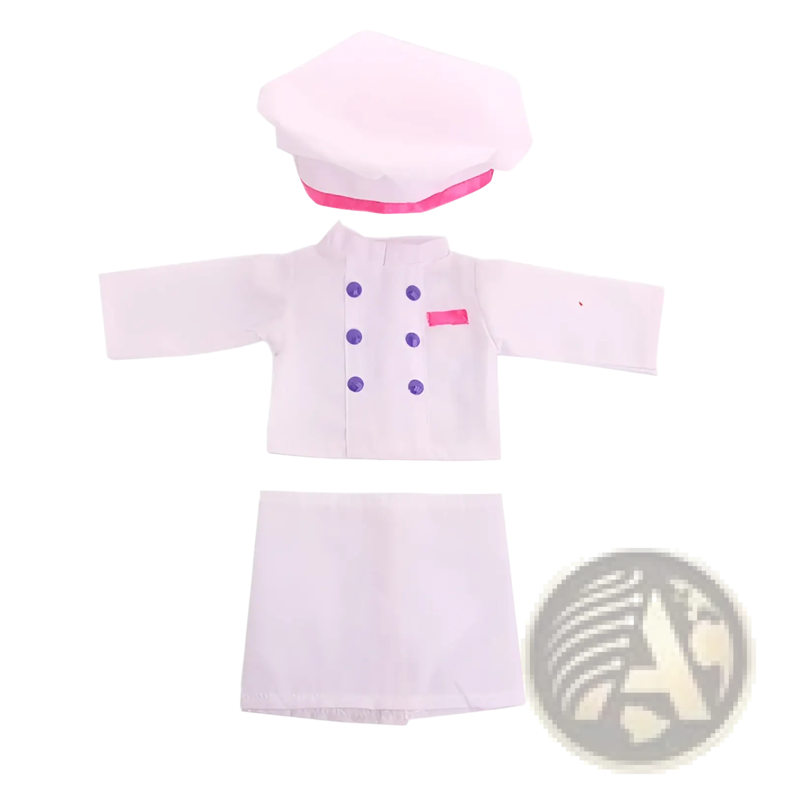 18-inch doll chef outfit with hat in white fabric featuring pink trim and purple buttons for American Girl dolls