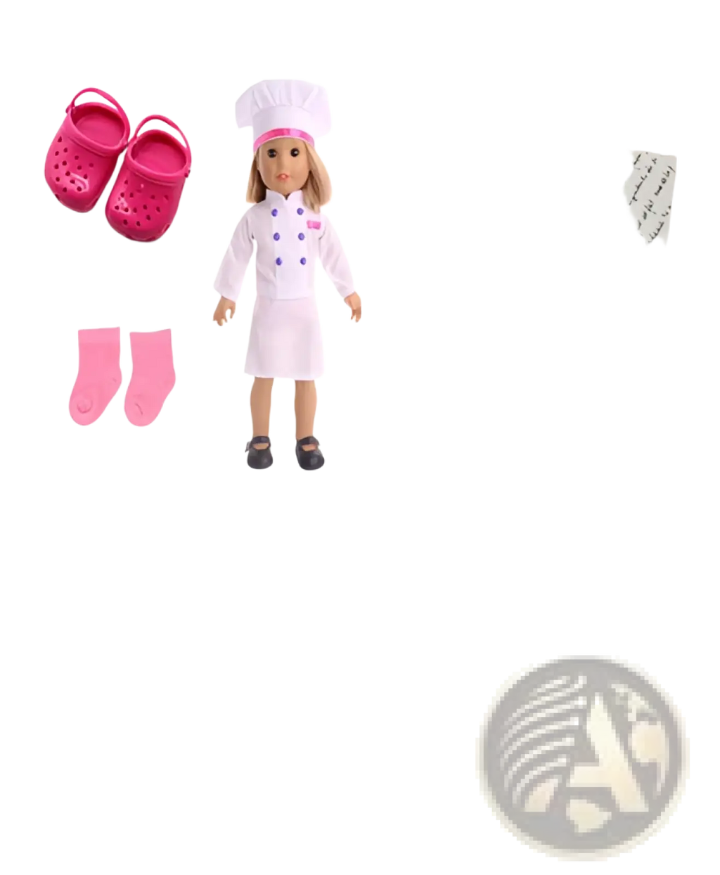 Pink croc-style doll shoes with perforated uppers and matching socks for 18-inch doll chef outfit with hat