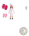 Pink croc-style doll shoes with perforated uppers and matching socks for 18-inch doll chef outfit with hat