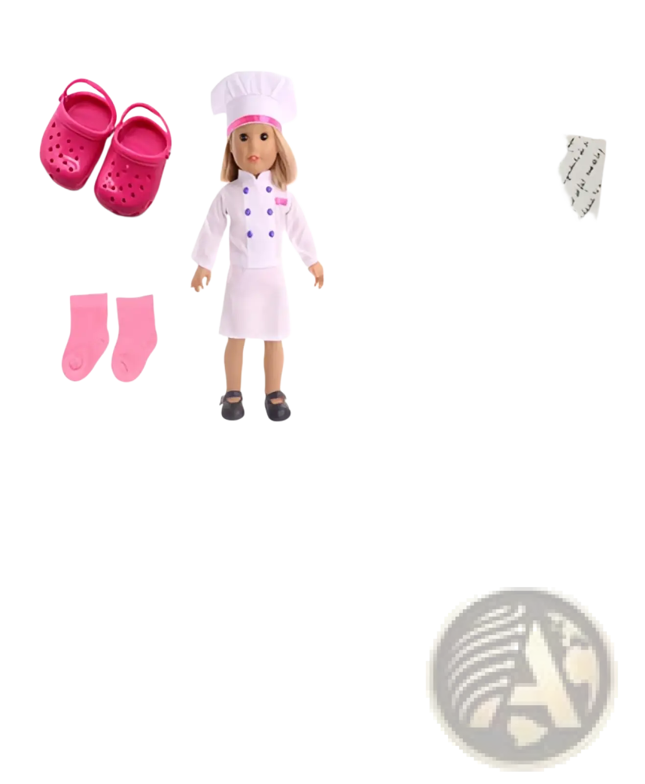 Pink croc-style doll shoes with perforated uppers and matching socks for 18-inch doll chef outfit with hat