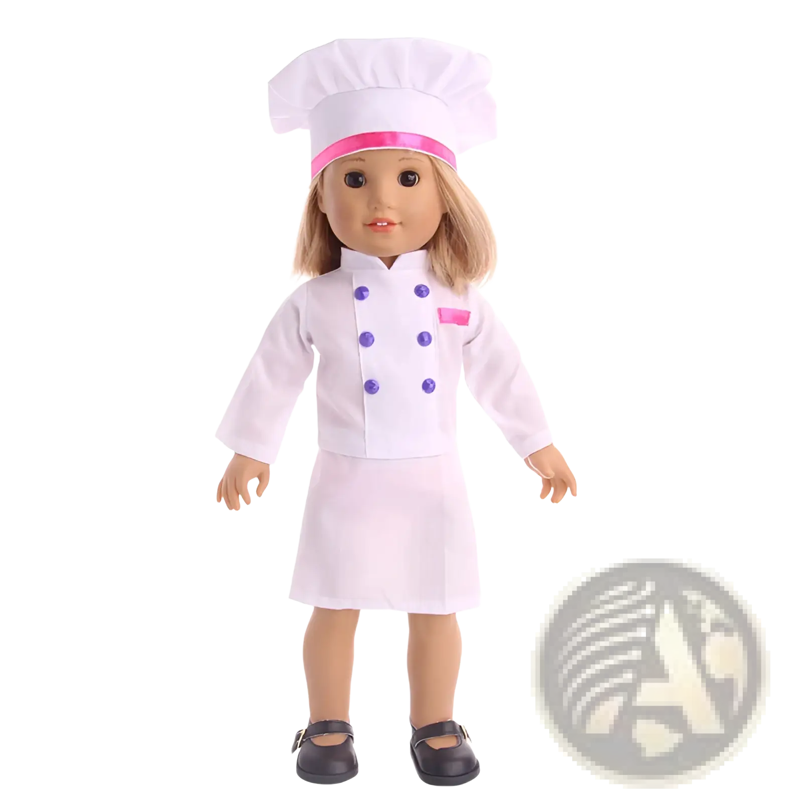 18-inch doll chef outfit with hat featuring white fabric, pink trim, and purple buttons for American Girl dolls