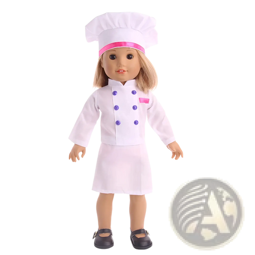 18-inch doll chef outfit with hat featuring white fabric, pink trim, and purple buttons for American Girl dolls