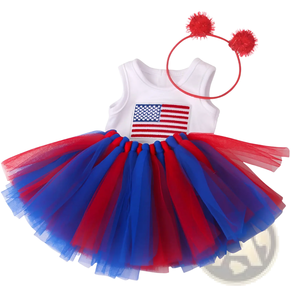 18-inch doll clothes usa malaysia flag tutu outfit with red and blue tutu dress and white sleeveless top with american flag patch