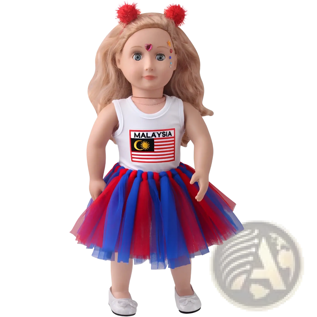 18-inch doll clothes featuring a blonde doll in a white malaysia tank top and red blue layered tulle skirt tutu outfit
