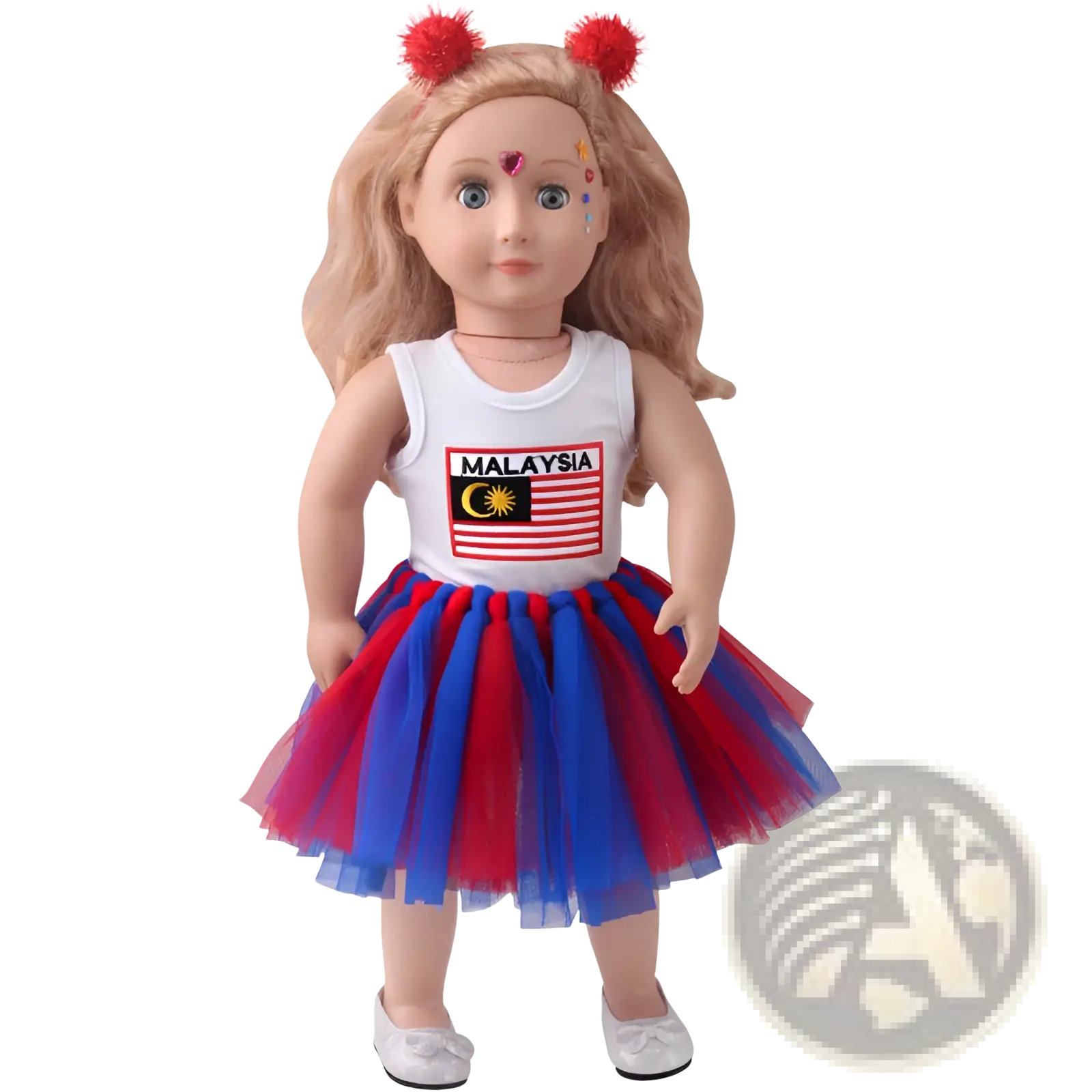 18-inch doll clothes featuring a blonde doll in a white malaysia tank top and red blue layered tulle skirt tutu outfit