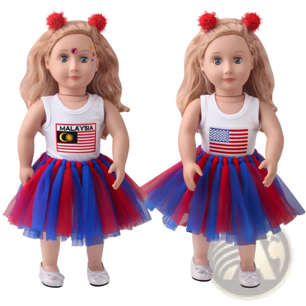 Two 18-inch blonde dolls wearing usa and malaysia flag white tank tops with red and blue tutu skirts and silver shoes
