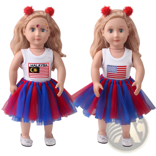 Two 18-inch blonde dolls wearing usa and malaysia flag white tank tops with red and blue tutu skirts and silver shoes