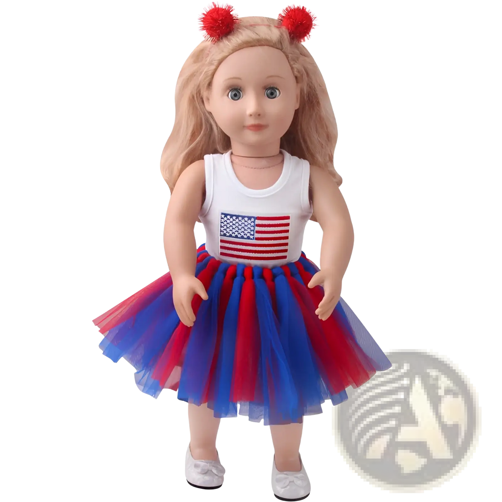An 18-inch doll wearing USA flag white tank top and red blue tutu skirt with red pom-pom hair clips for festive use