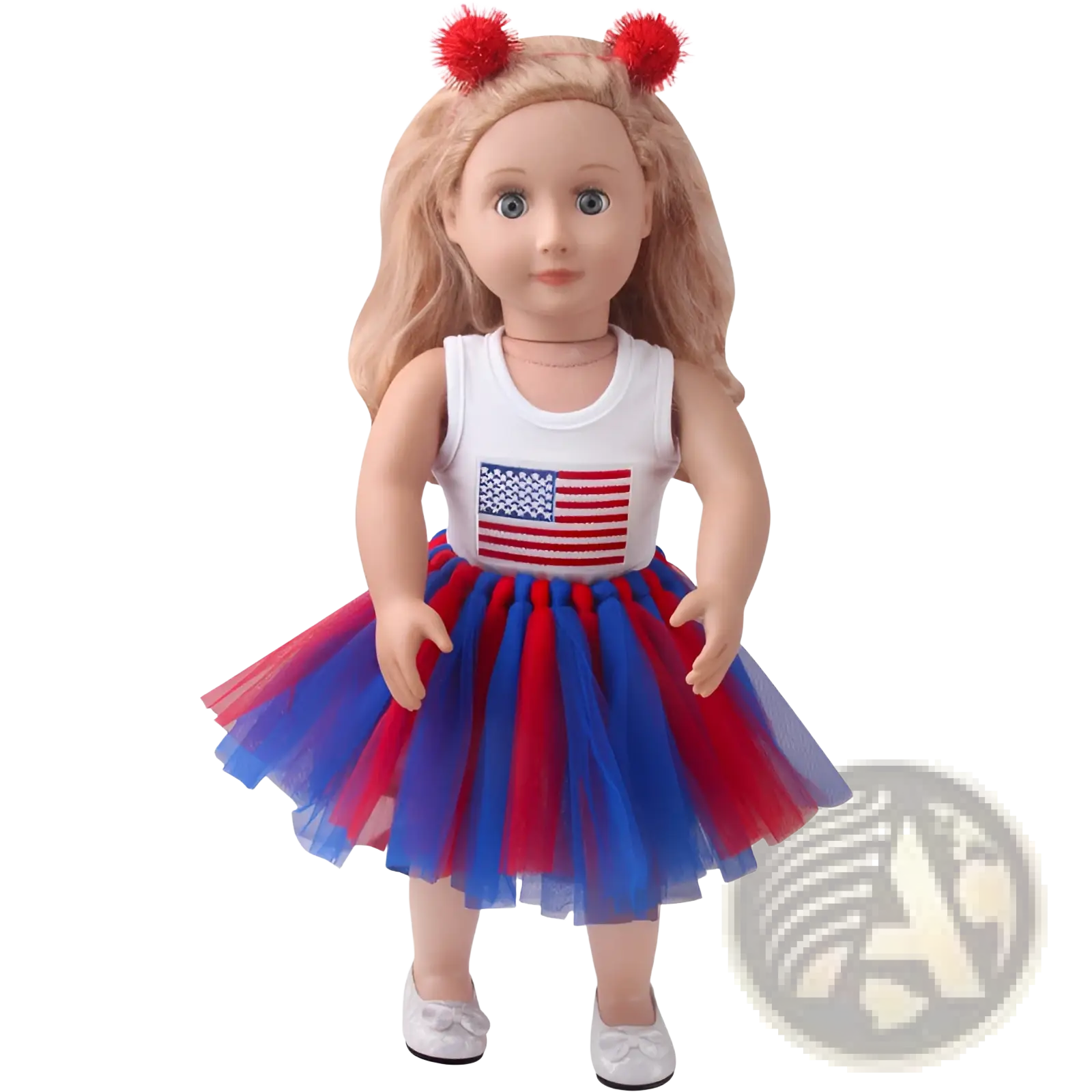An 18-inch doll wearing USA flag white tank top and red blue tutu skirt with red pom-pom hair clips for festive use