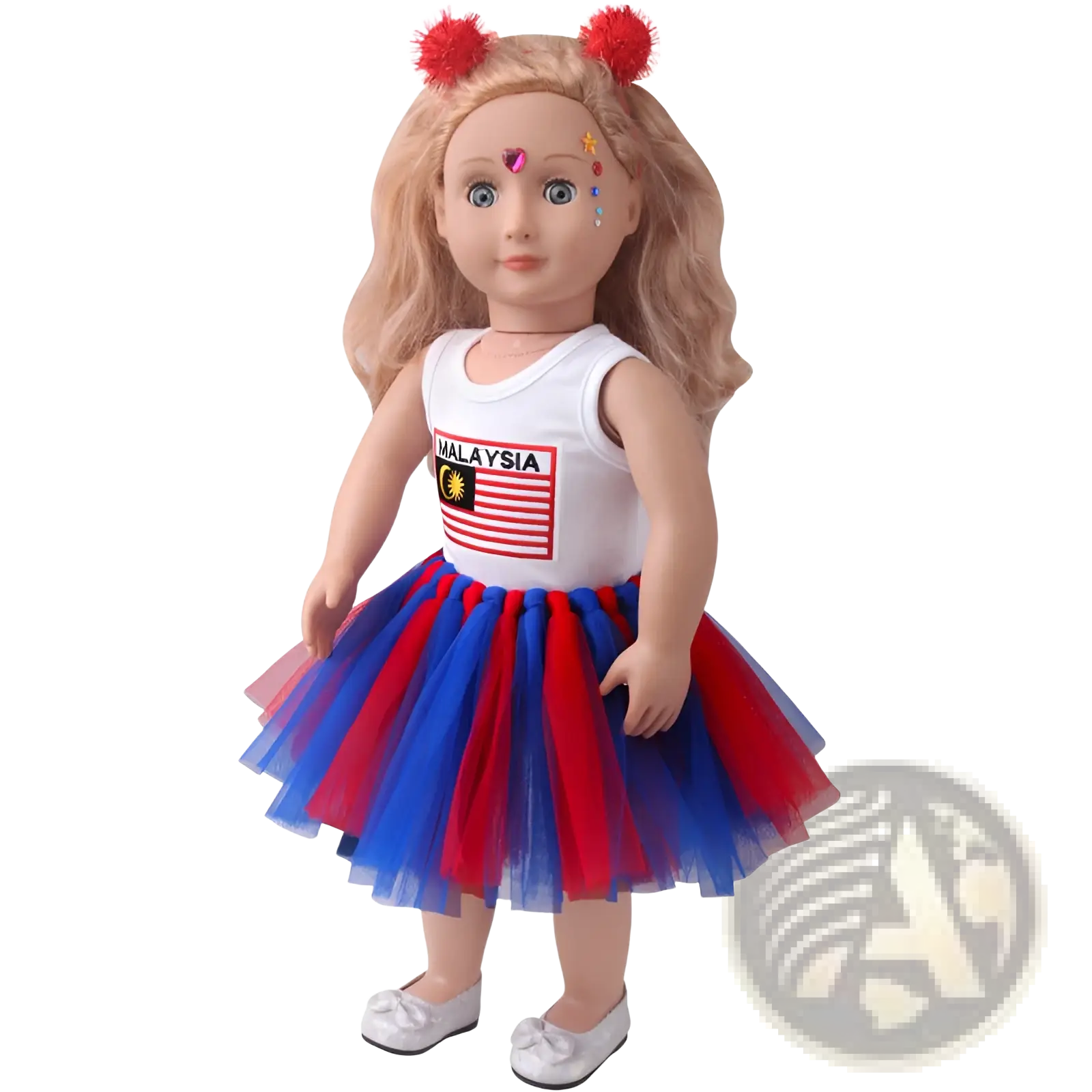 Blonde 18-inch doll dressed in usa malaysia flag tutu outfit with white tank top and layered red and blue tulle skirt