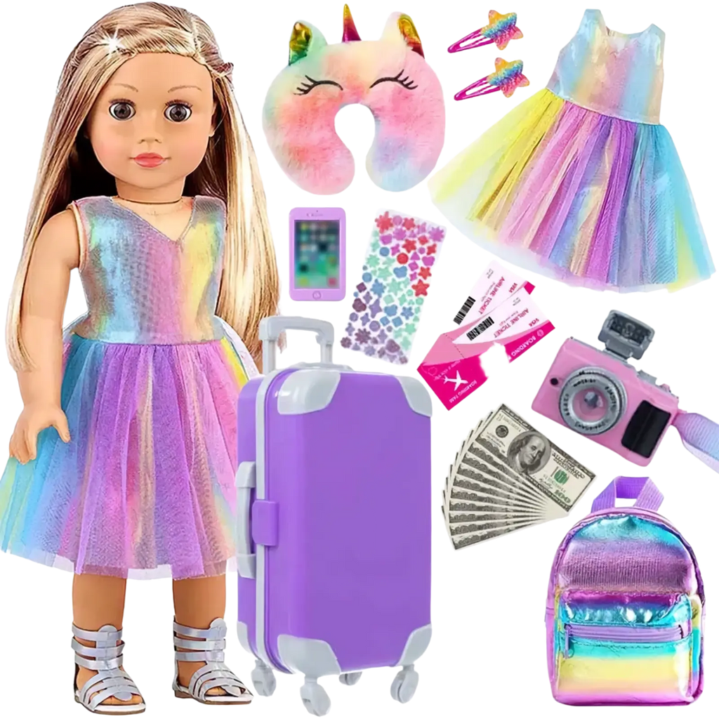 Purple hard-shell 18 inch doll travel set suitcase with white wheels and handle for doll outfit storage