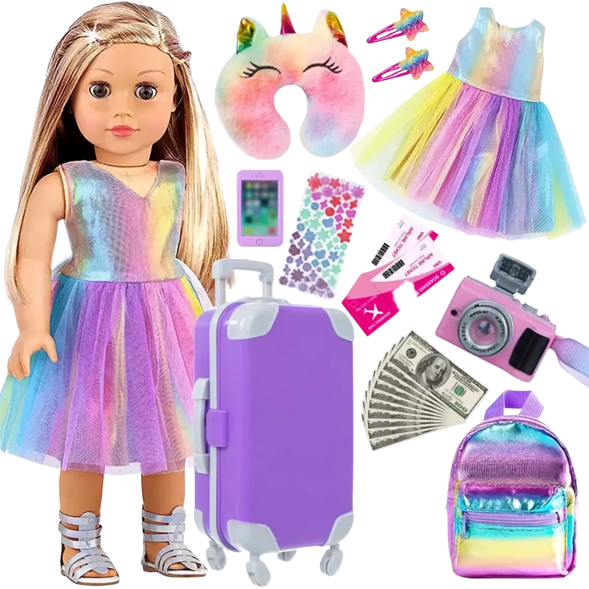 Purple hard-shell 18 inch doll travel set suitcase with white wheels and handle for doll outfit storage