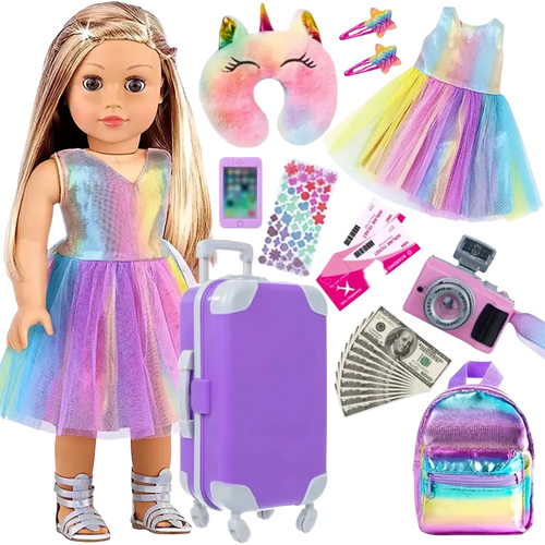 Purple hard-shell 18 inch doll travel set suitcase with white wheels and handle for doll outfit storage