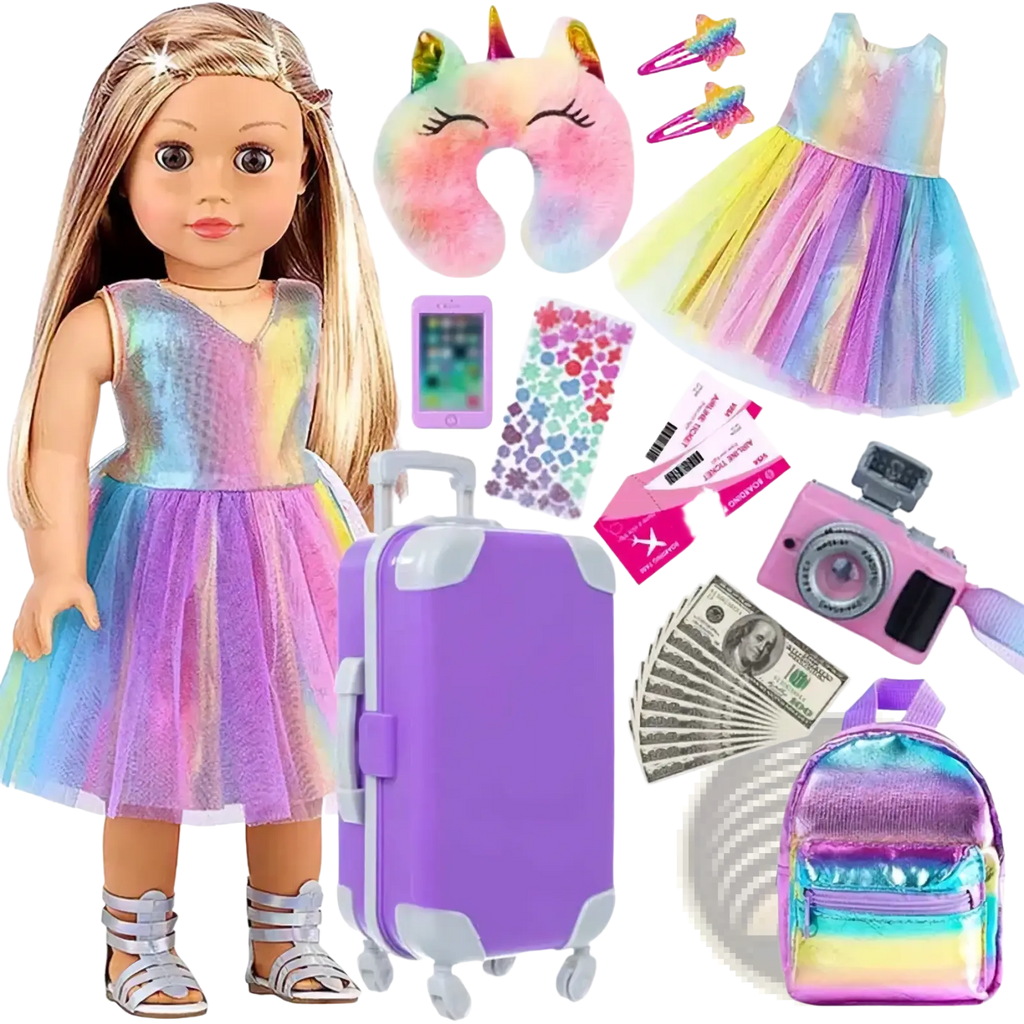 Purple hard-shell 18 inch doll travel set suitcase with white wheels and handle for doll outfit storage