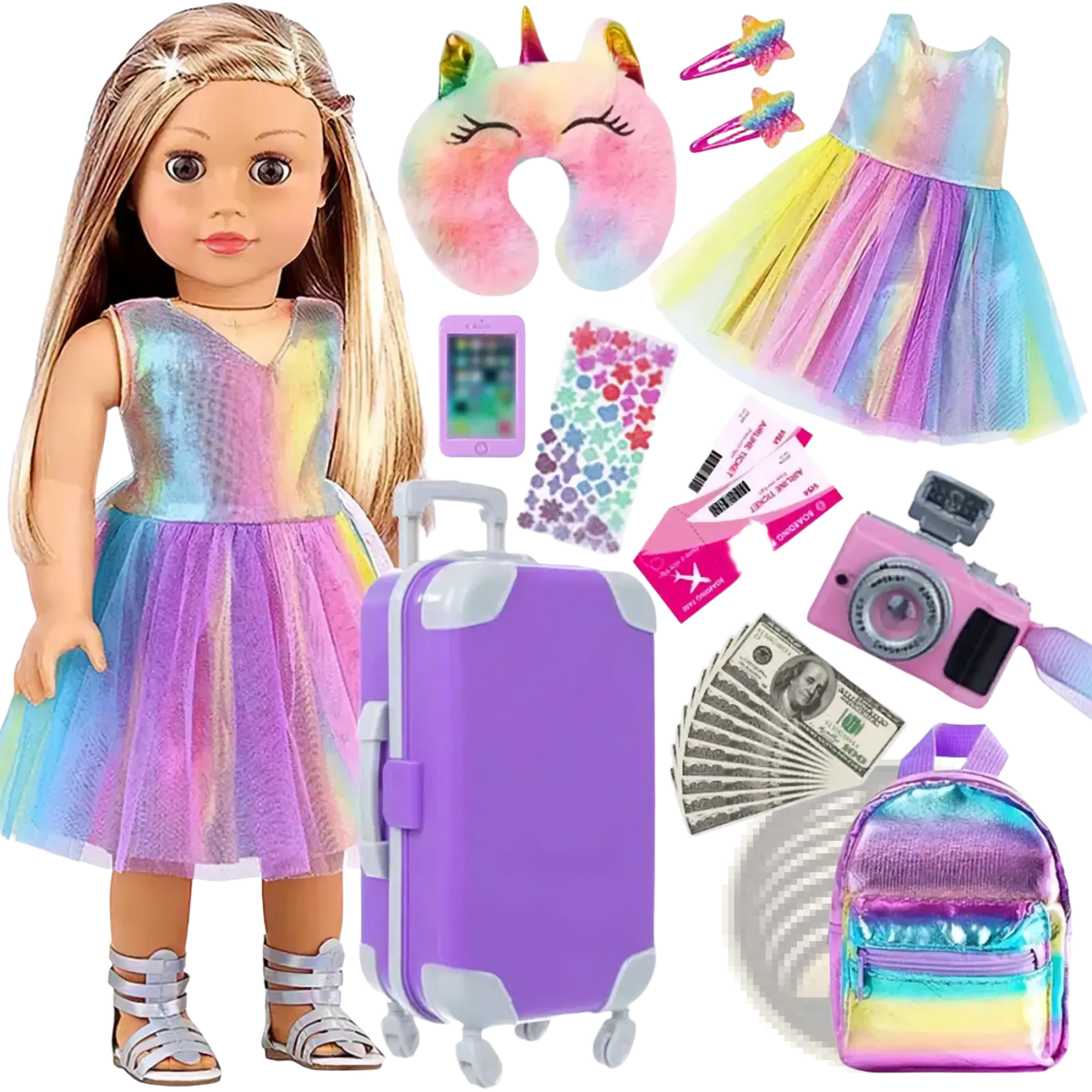 Purple hard-shell 18 inch doll travel set suitcase with white wheels and handle for doll outfit storage