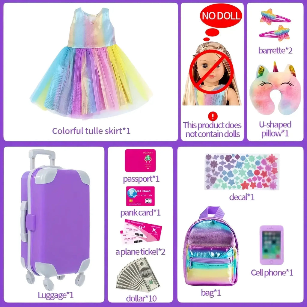 Purple hard-shell 18 inch doll travel set suitcase with white wheels and handle for easy portability