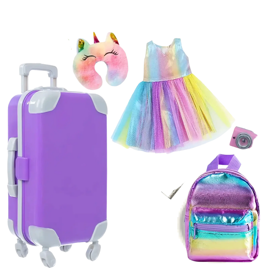 18 inch doll travel set purple plastic suitcase with white handle and wheels for easy transport and storage
