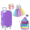 18 inch doll travel set purple plastic suitcase with white handle and wheels for easy transport and storage