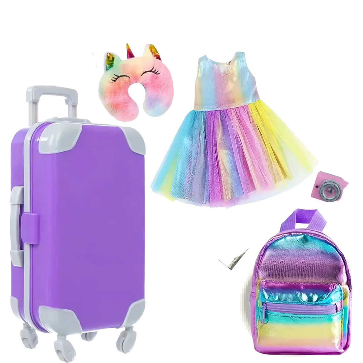 18 inch doll travel set purple plastic suitcase with white handle and wheels for easy transport and storage