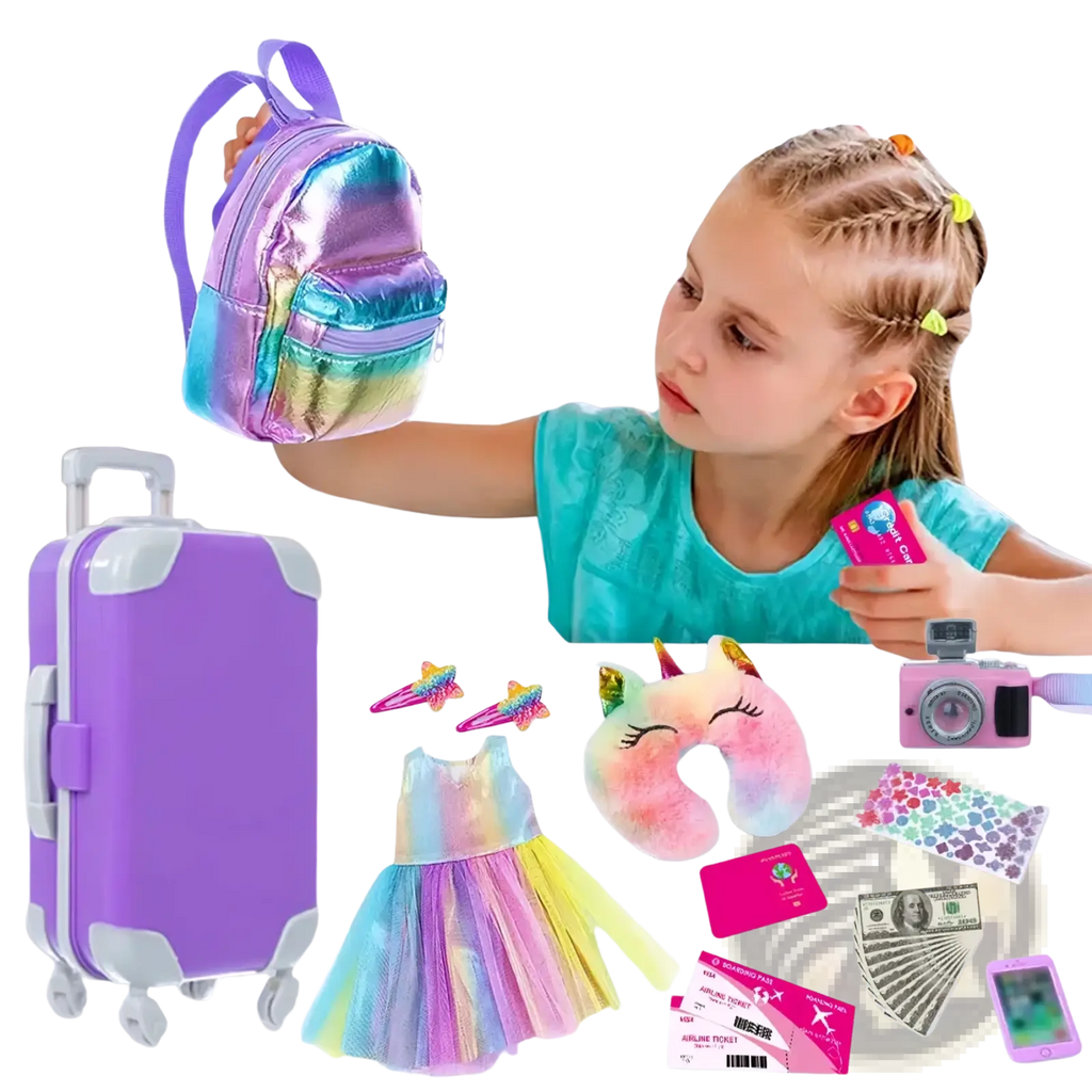 18 inch doll travel set includes a shiny iridescent rainbow mini backpack with purple strap and zipper
