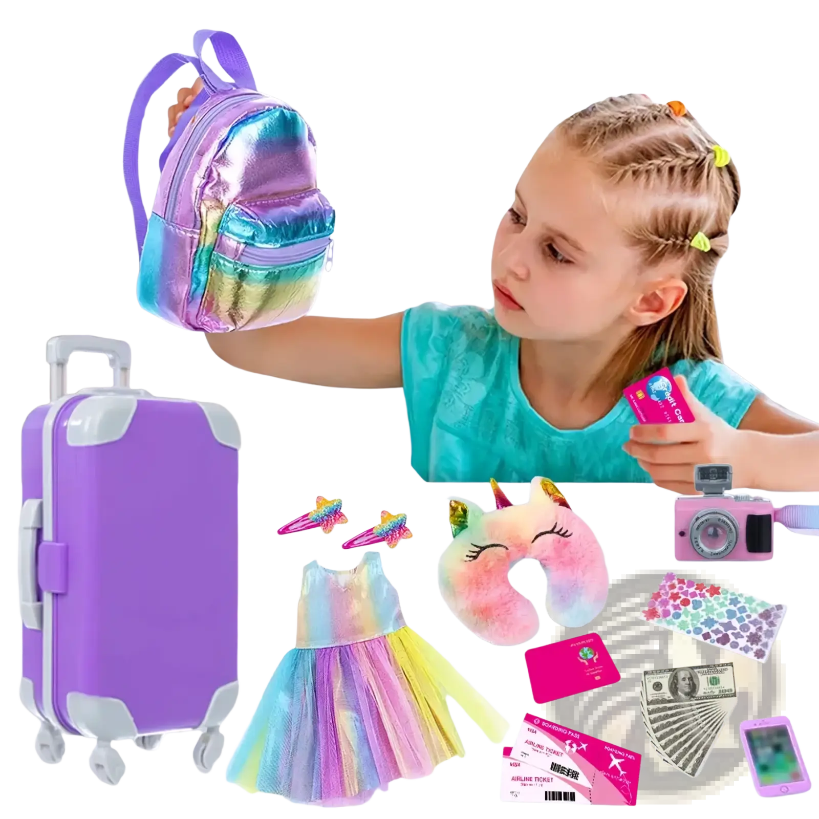18 inch doll travel set includes a shiny iridescent rainbow mini backpack with purple strap and zipper