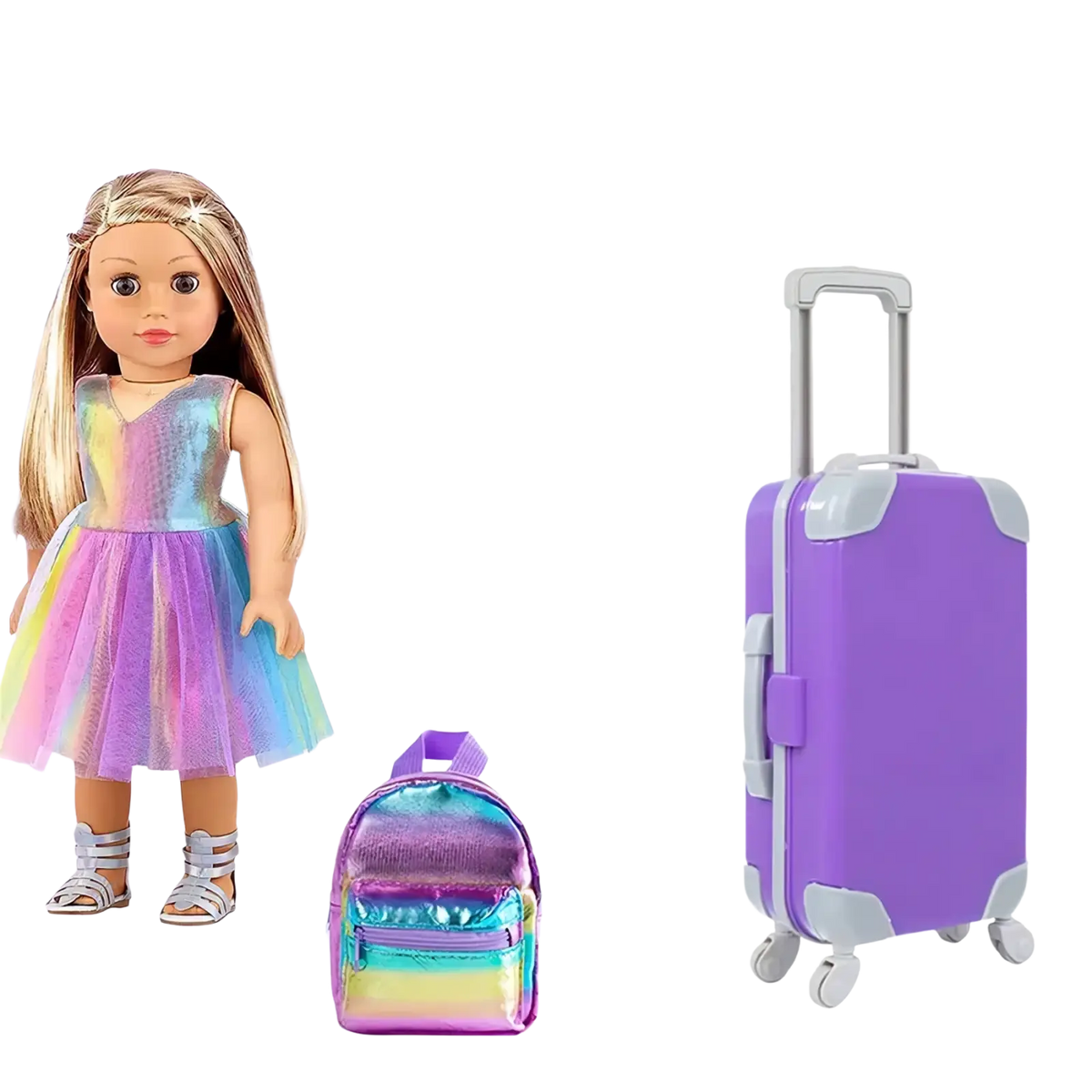 Purple rolling suitcase with silver handle and wheels for 18 inch dolls in the 18 inch doll travel set