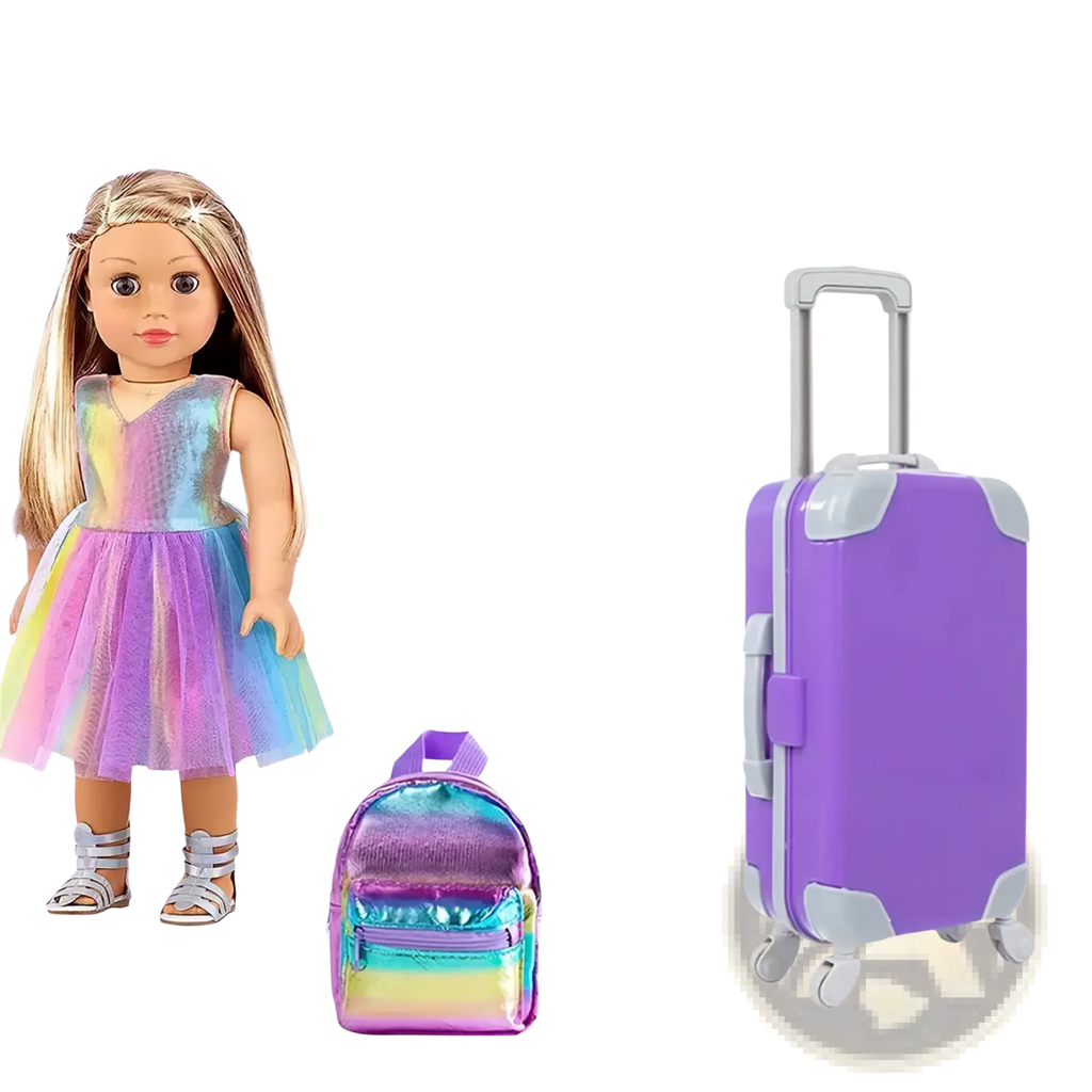 Purple rolling suitcase with silver handle and wheels for 18 inch dolls in the 18 inch doll travel set