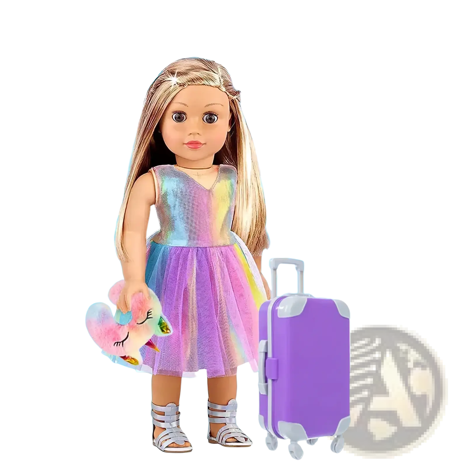 18 inch doll travel set featuring a doll in a shimmering iridescent rainbow dress with sheer tulle skirt and silver sandals