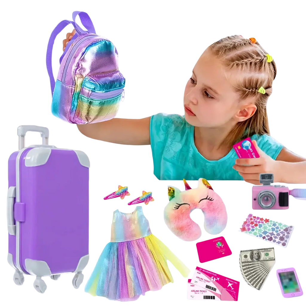 18 inch doll travel set includes a shiny iridescent rainbow mini backpack with purple strap and zipper
