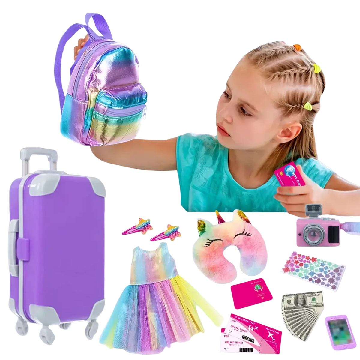 18 inch doll travel set includes a shiny iridescent rainbow mini backpack with purple strap and zipper