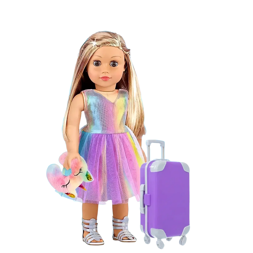 18 inch doll travel set featuring a doll in a shimmering iridescent rainbow dress with sheer tulle skirt and silver sandals