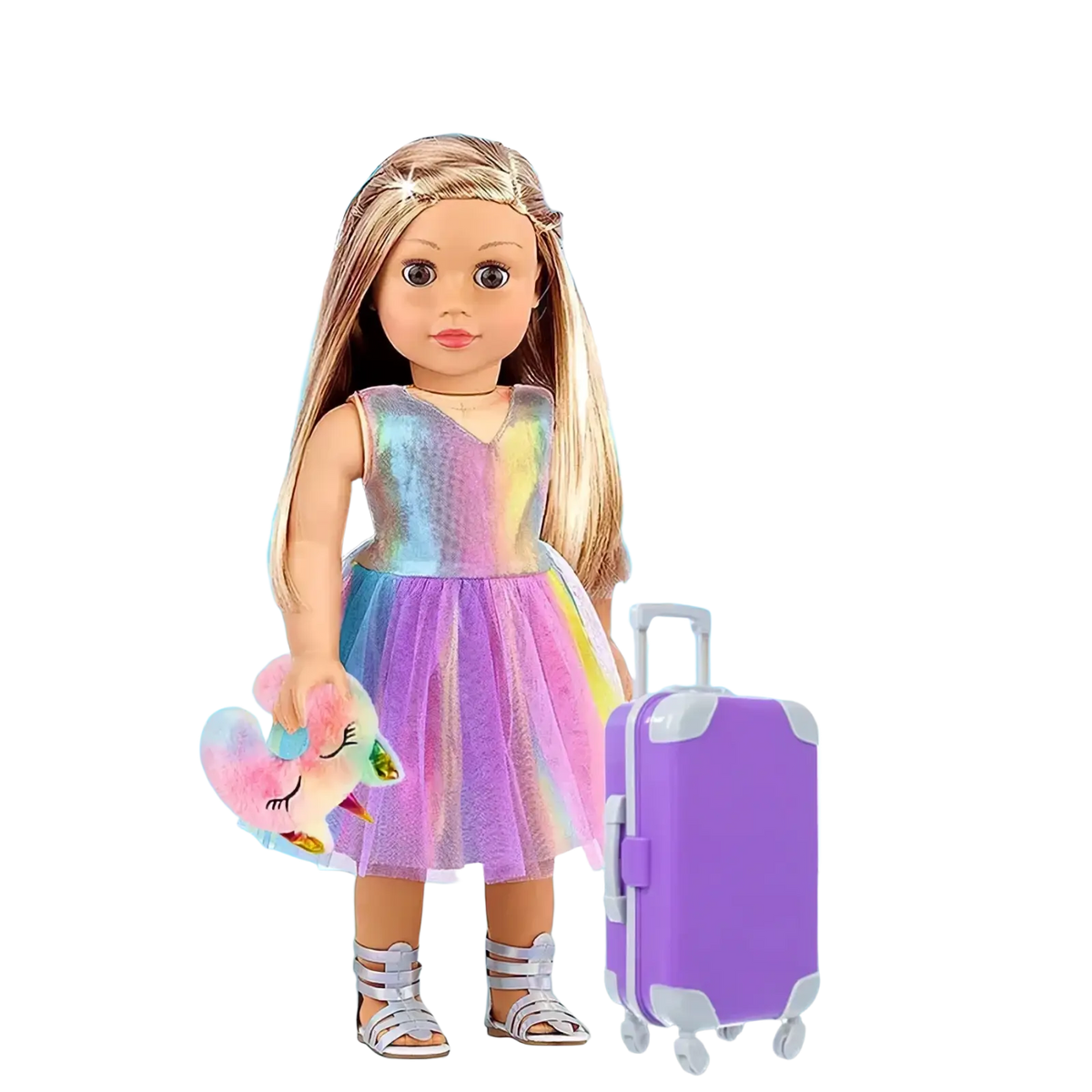 18 inch doll travel set featuring a doll in a shimmering iridescent rainbow dress with sheer tulle skirt and silver sandals