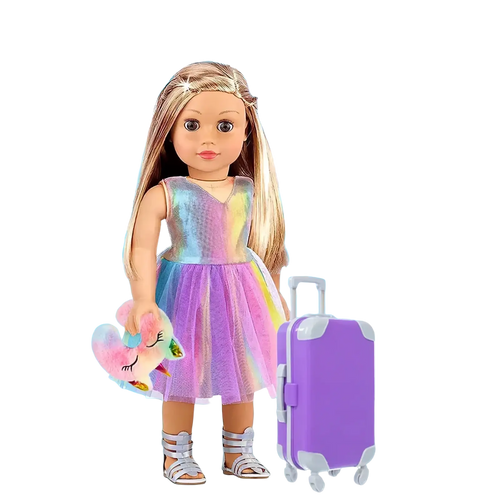 18 inch doll travel set featuring a doll in a shimmering iridescent rainbow dress with sheer tulle skirt and silver sandals