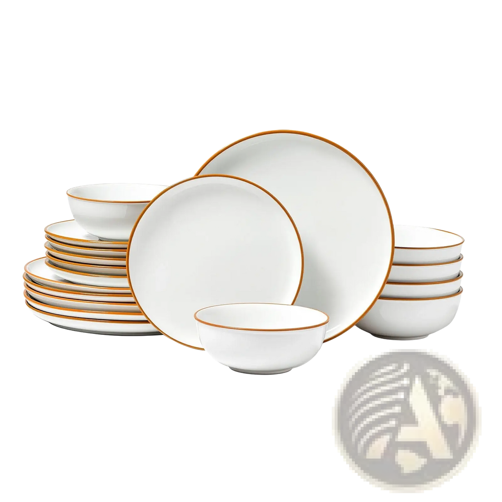 18 piece white ceramic dinnerware set with elegant gold rims showcasing a refined dining collection