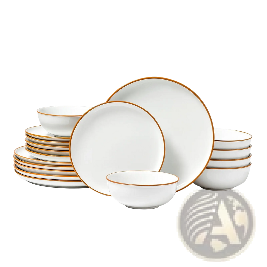 18 piece white ceramic dinnerware set featuring elegant gold rims on plates and bowls for formal dining