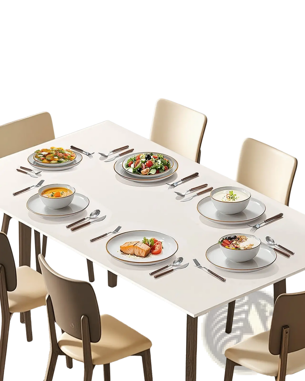 A minimalist white rectangular dining table with sleek modern legs paired with an 18 piece white ceramic dinnerware set with gold rim