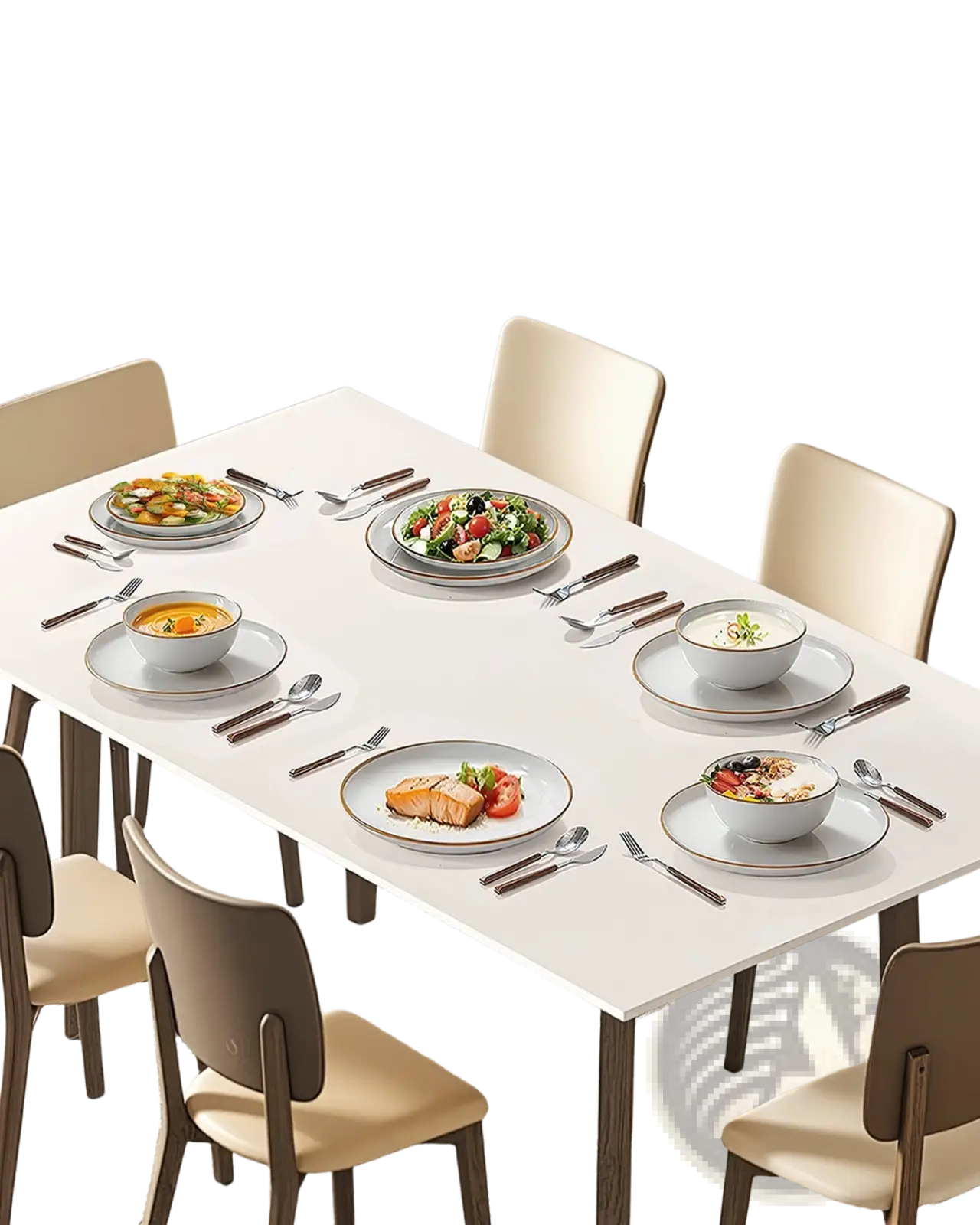 A minimalist white rectangular dining table with sleek modern legs paired with an 18 piece white ceramic dinnerware set with gold rim