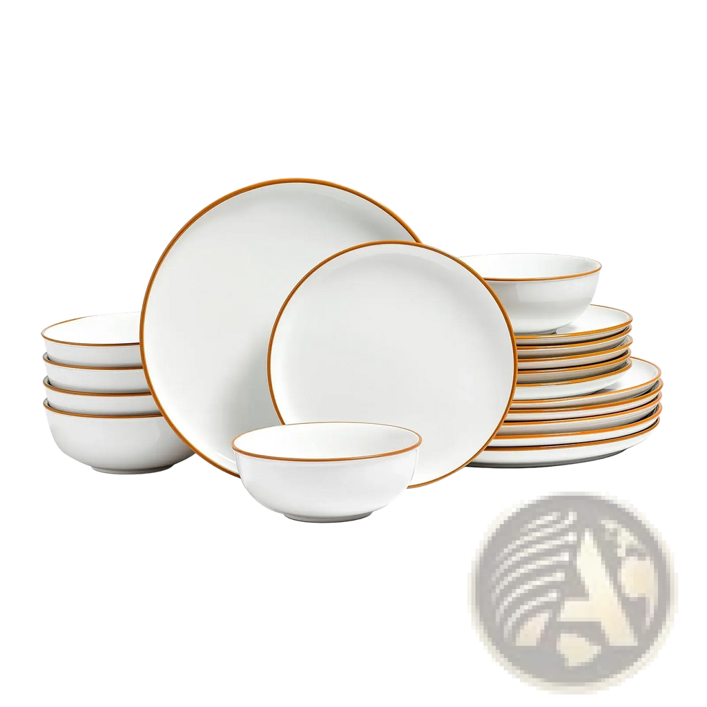 18 piece white ceramic dinnerware set with elegant gold rims on plates and bowls for formal dining use