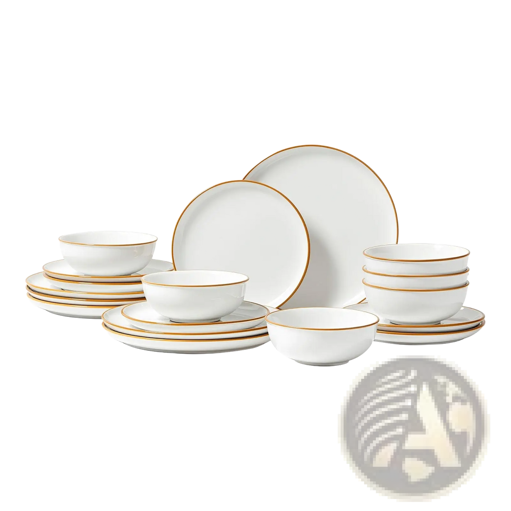 18 piece white ceramic dinnerware set with elegant gold rims featuring plates bowls and mugs for formal dining