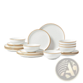 18 piece white ceramic dinnerware set with elegant gold rims featuring plates bowls and mugs for formal dining