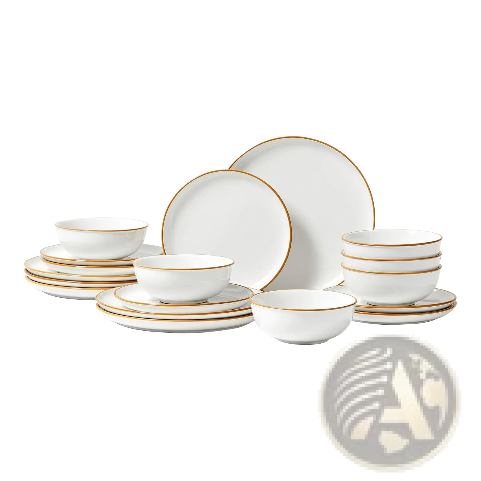 18 piece white ceramic dinnerware set with elegant gold rims featuring plates bowls and mugs for formal dining