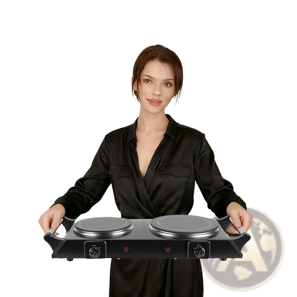 Black portable 1800w electric double burner infrared hot plate with two circular heating elements and carrying handle