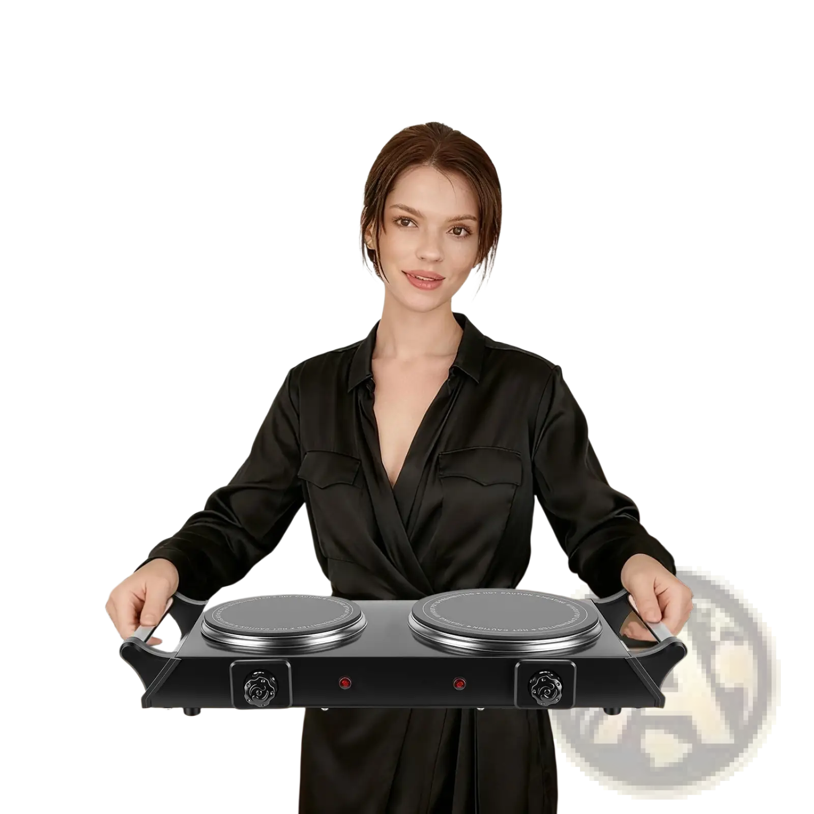 Black portable 1800w electric double burner infrared hot plate with two circular heating elements and carrying handle
