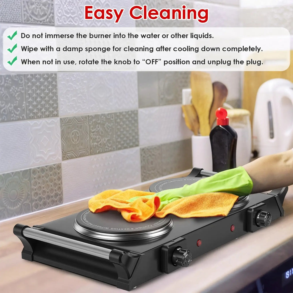 Black 1800w electric double burner portable infrared hot plate with two silver-rimmed cooking surfaces and control knobs