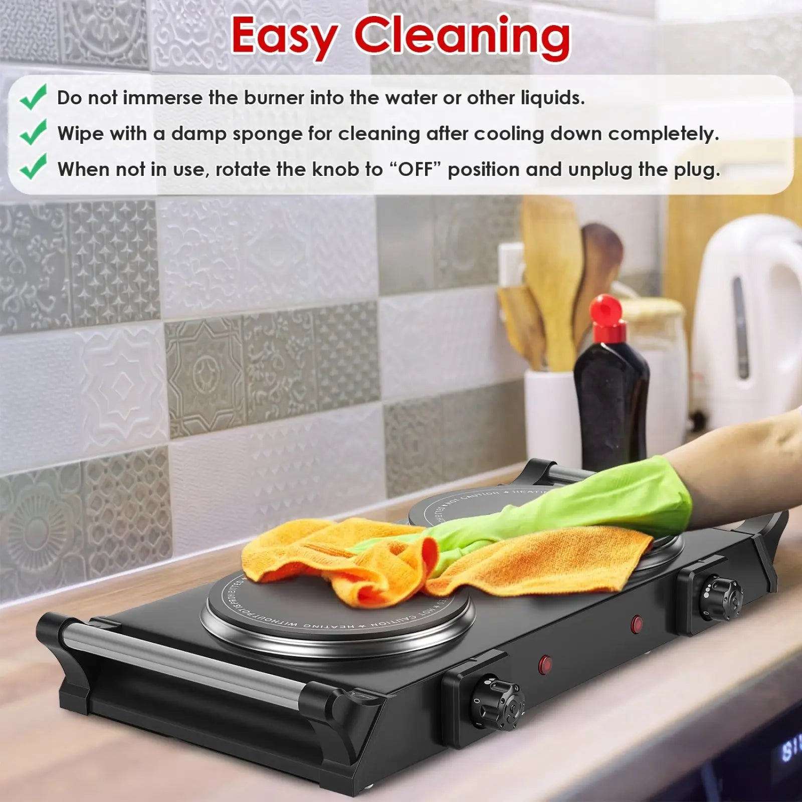 Black 1800w electric double burner portable infrared hot plate with two silver-rimmed cooking surfaces and control knobs
