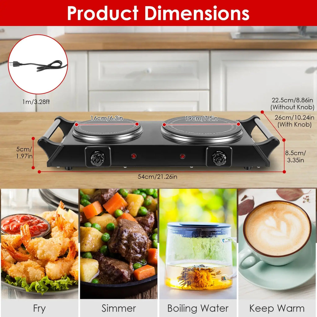 Black 1800w electric double burner portable infrared hot plate with two silver rimmed heating elements and control knobs