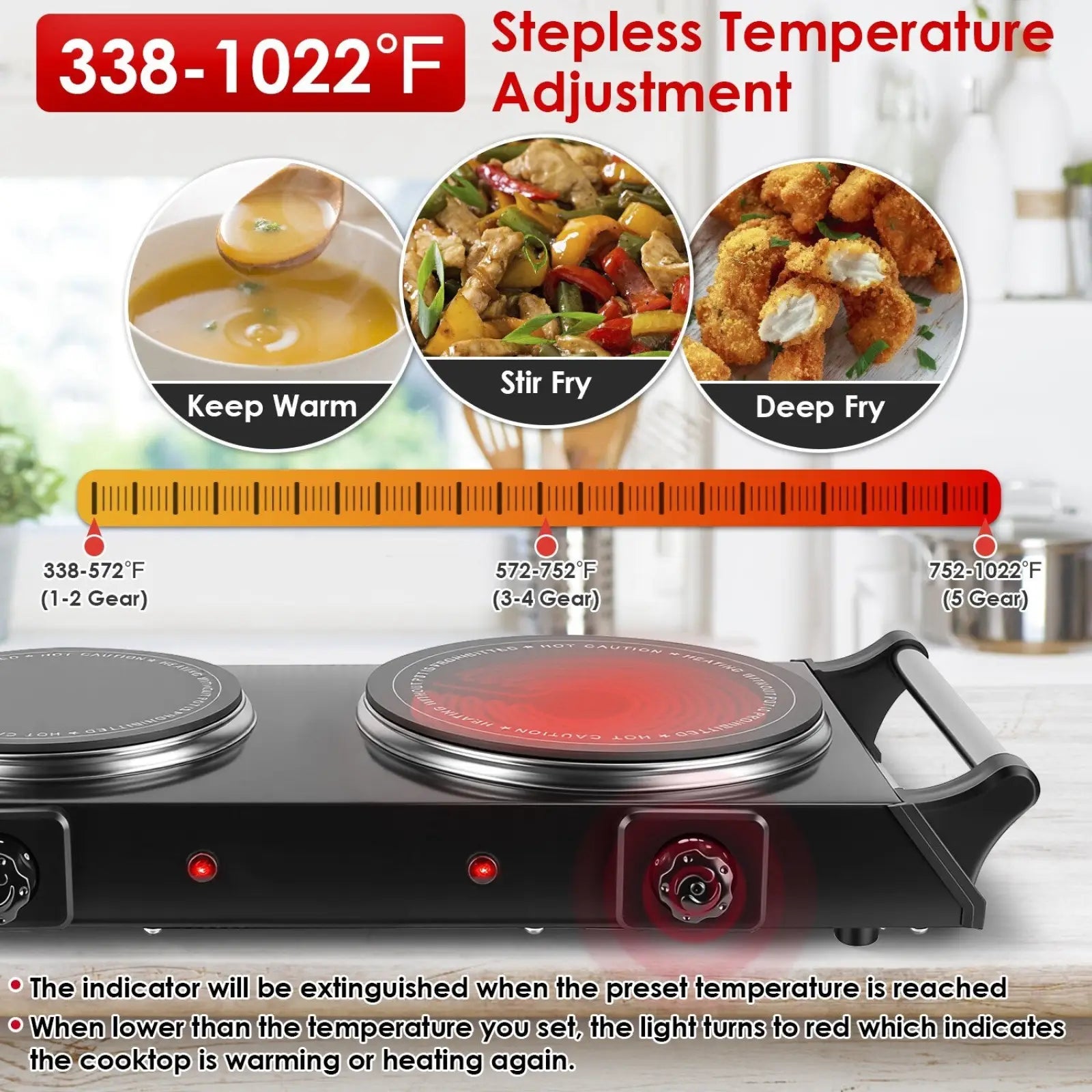 Black 1800w electric double burner portable infrared hot plate with red heating elements and temperature adjustment dial