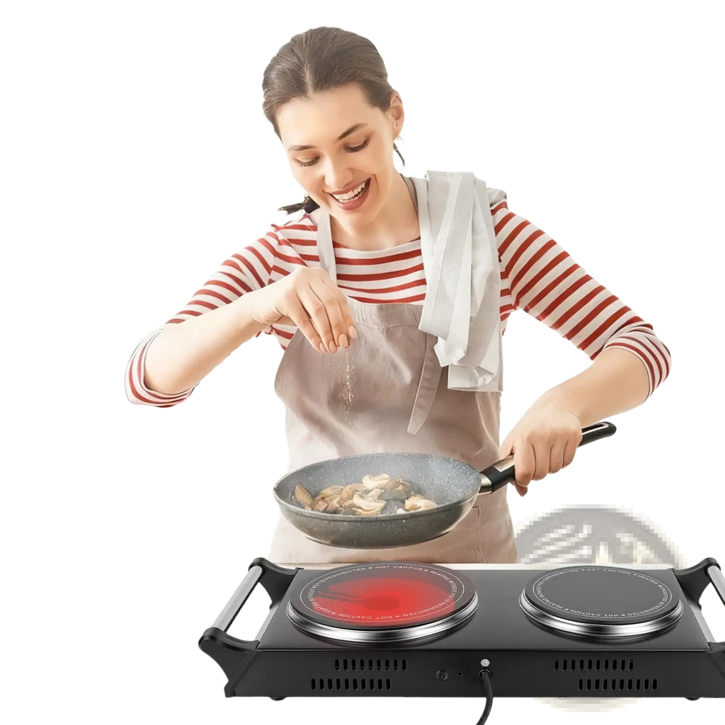 Black dual-burner 1800w electric portable infrared hot plate with red glowing heating element for efficient cooking